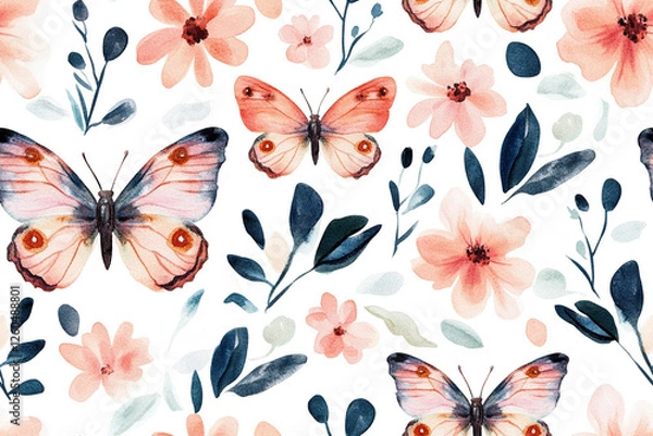 Obraz Butterfly and flower pattern in watercolor technique, creating a romantic style, textures, patterns
