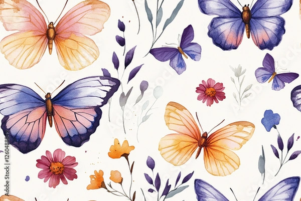 Fototapeta Butterfly and flower pattern in watercolor technique, creating a romantic style, textures, patterns