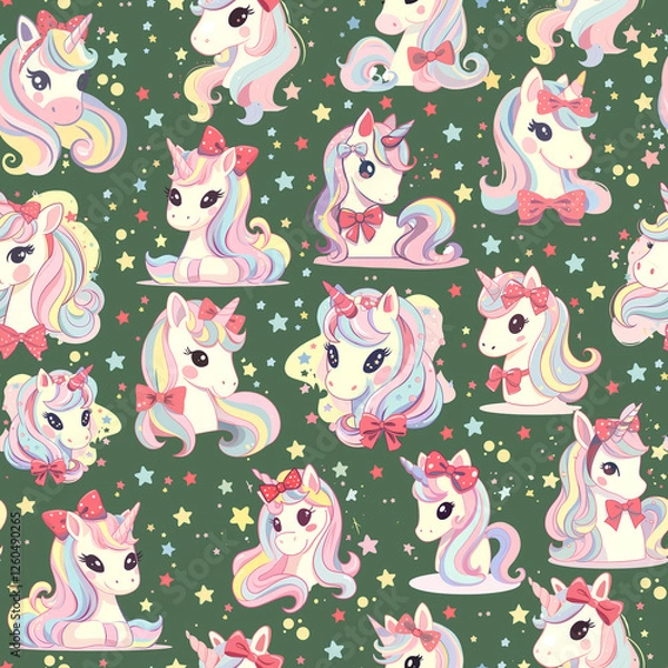 Fototapeta Seamless Pattern Design with Colorful Unicorns and Stars on a Background – Perfect for Home Textiles, Fabric Design, Wall Decor, Scrapbooking, Digital Paper, Notebooks, and More