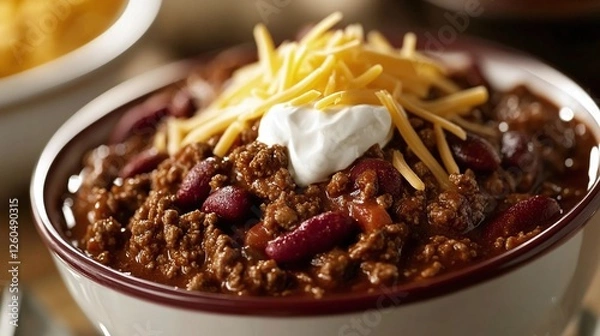 Obraz A bowl of chili con carne with a dollop of sour cream and shredded cheese