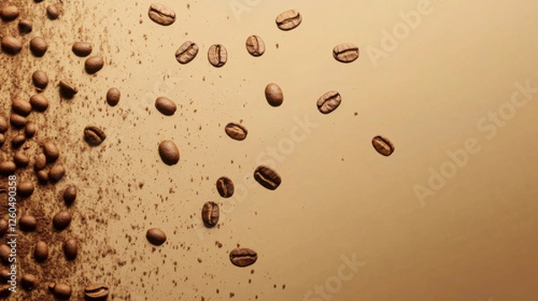 Fototapeta Coffee beans falling against a golden background in an artistic display