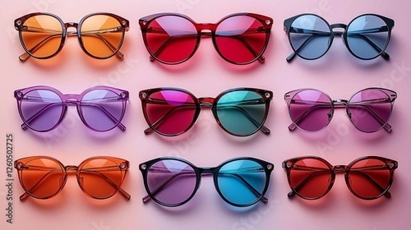 Fototapeta Colorful collection of stylish sunglasses arranged on a pastel background showcasing vibrant designs