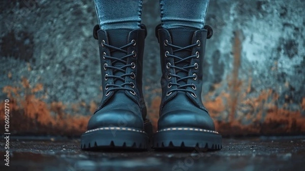 Fototapeta Stylish black boots on a person standing on a wet surface with an industrial backdrop during the evening