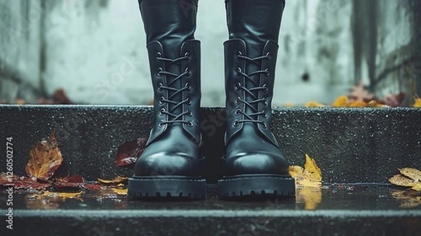 Fototapeta Black combat boots on wet steps surrounded by fallen autumn leaves after rainfall in a rustic urban environment