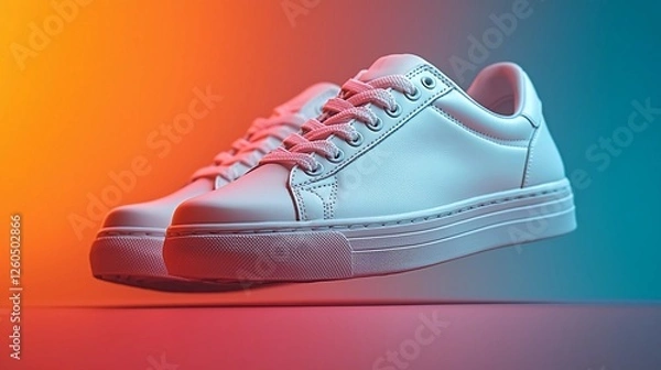 Fototapeta Stylish white sneakers floating against a vibrant gradient background during a creative product showcase