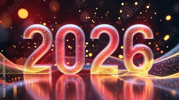 Fototapeta Holographic 2026 Numbers Shine Bright with Bio-Digital Particles on a Cosmic Background, Merging Technology with Nature in a Vibrant Fusion of Red and Yellow