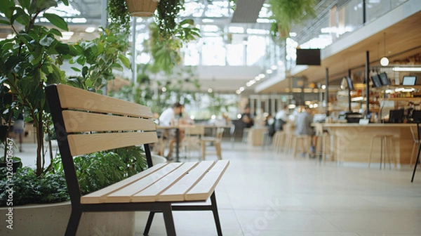 Fototapeta vintage style bench in food court surrounded by greenery, inviting relaxation and social interaction. vibrant atmosphere enhances dining experience