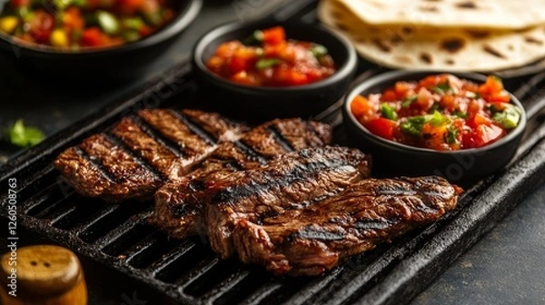 Obraz Ancho steak on the barbecue with a side of spicy salsa and warm tortillas, grilled meat, salsa