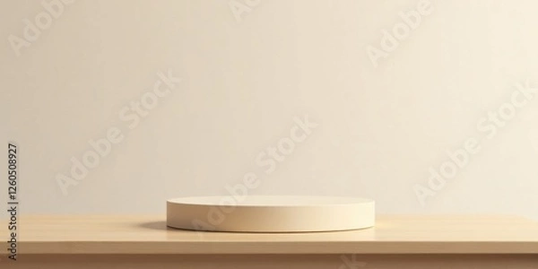 Fototapeta Cream-colored cylindrical platform on light wood surface against a neutral backdrop, perfect for product display or minimalist design presentation.