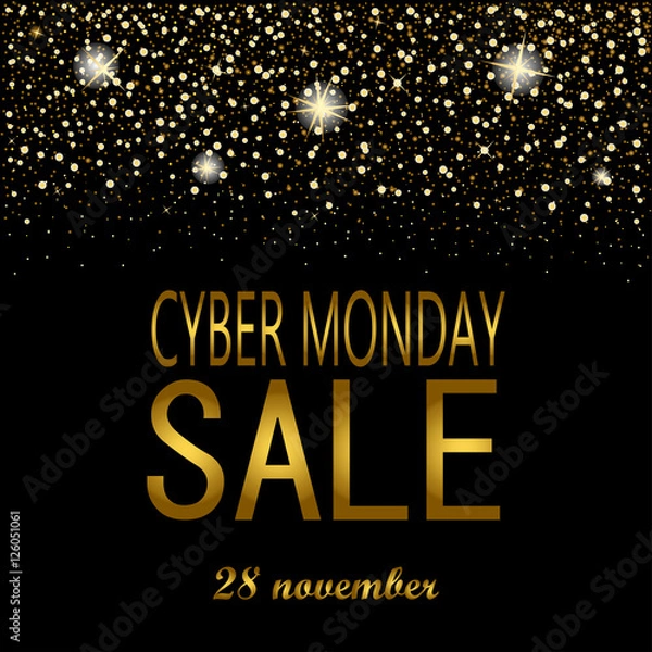 Fototapeta eps 10 vector Cyber Monday sell-out poster. Sale and discount advertising banner for web, print. Luxury stylish golden glitter, shiny falling stars, snowflakes. Graphic design clip art illustration