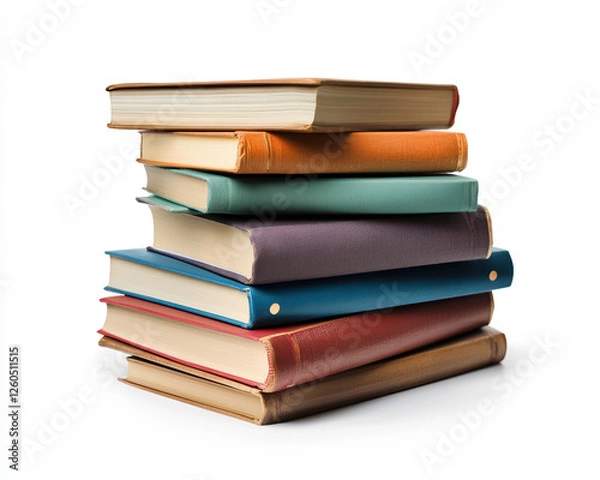 Fototapeta Stack of Colorful Hardcover Books on White Background, Perfect for Education and Reading Enthusiasts.