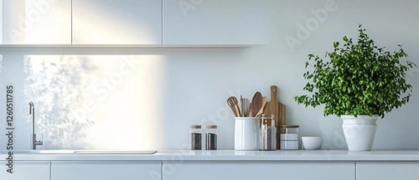 Obraz Stylish White Kitchen Interior with Modern Design Elements