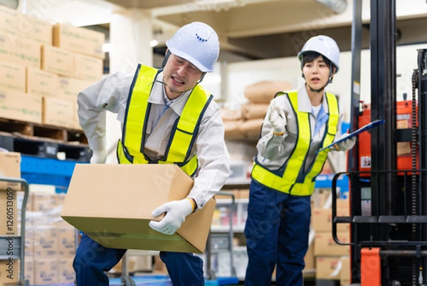 Fototapeta 腰痛、男性、作業員、フォークリフト、ぎっくり腰、荷物、重い、仕事、日本人、倉庫、ダンボール、運ぶ、従業員、働く、がんばる、努力、人力、ハード、物流、ロジスティクス、配送、運送業、安全、工場、工業、産業、労働者、労働、現場、機械、貨物、作業服、痛い、必死、辛い、肉体労働、ガテン系、持ち上げる、ヘルニア、物流センター、運送、作業、配達、ヘルメット、流通、事故、労災、ヒヤリハット、表情、人物