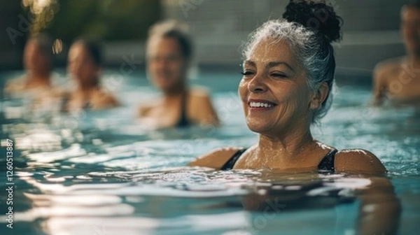 Fototapeta Serene senior woman enjoying a relaxing swim with friends in a pool