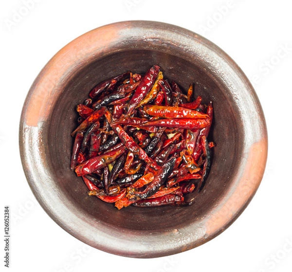 Obraz Roested dried red chili pepper in mortar on white background