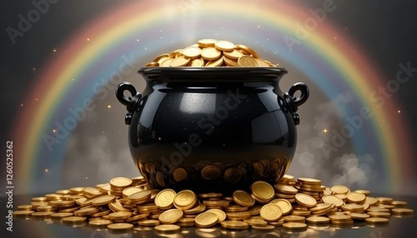 Fototapeta Black pot overflowing with gold coins at the end of a rainbow, symbolizing luck and fortune, St. Patrick’s Day treasure concept