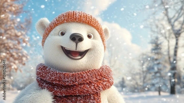 Fototapeta Cartoon polar bear in winter scene, wearing a hat and scarf, cheerful expression. Possible use Children's book illustration, greeting card, educational material