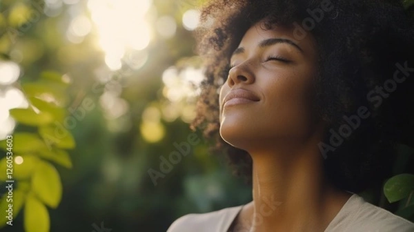 Fototapeta Serene African American Woman Enjoying Sunlight and Nature's Tranquility