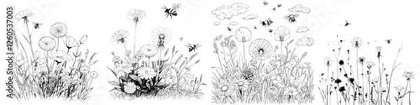 Fototapeta Black silhouettes of various flora, including grass, spikes, and herbs, are set against a white backdrop, accompanied by hand-drawn illustrations of flowers and bees