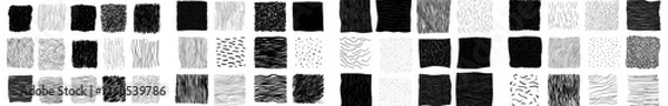 Fototapeta A modern isolated set featuring hand drawn hatching, including hatched squares and a drawing technique that incorporates geometric shapes with crosshatch strokes, forming a simple doodle sketch with