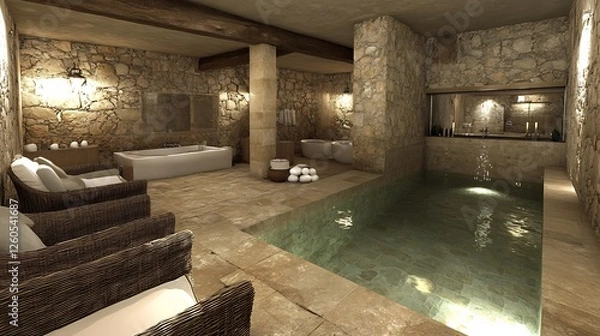 Fototapeta Serene Spa Interior Calm Water Reflecting Warm Light. AI Generated