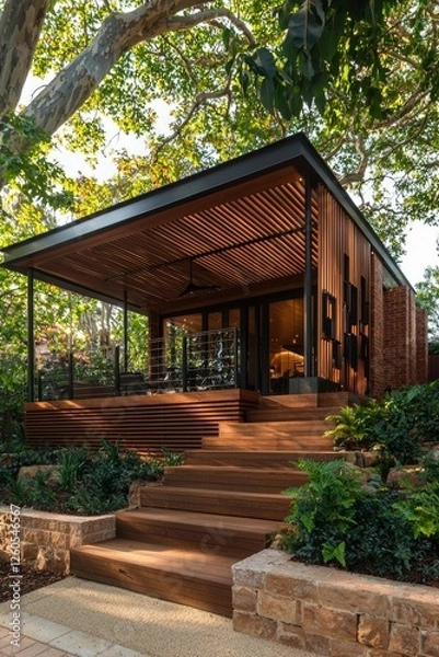 Fototapeta Modern garden house with terrace, steps, under trees. Architecture, real estate