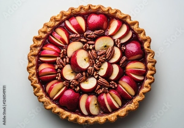 Fototapeta Delicious classic apple pie with glossy red apples, pecans, and a flaky crust, beautifully arranged for a tempting dessert showcase