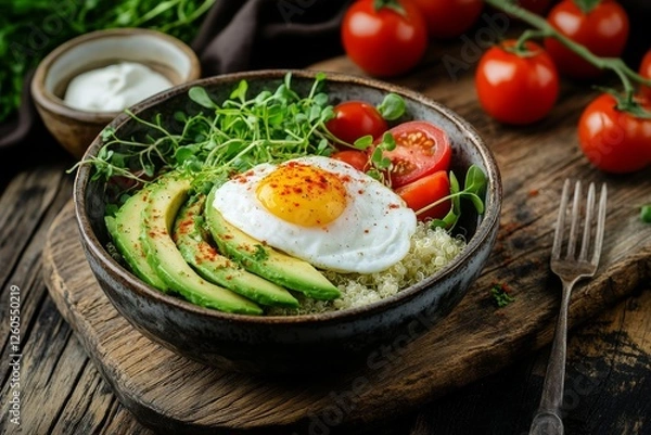 Obraz A vibrant breakfast bowl features quinoa topped with sliced avocado, cherry tomatoes, and a poached egg