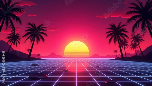 Obraz Retro 80s synthwave sunset background