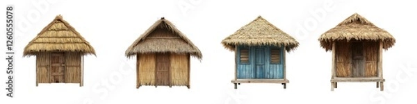 Fototapeta Set of Tropical Tiki Huts with Palm Trees in Island Setting Isolated on Transparent Background