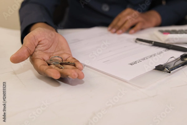 Obraz Hand holding keys over paperwork on a desk