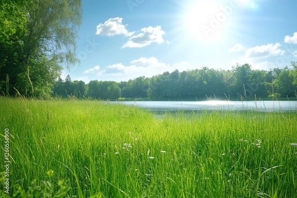 Obraz Meadow of Long Grass Against a Blue Sky with Sunlight and Lens Flare

