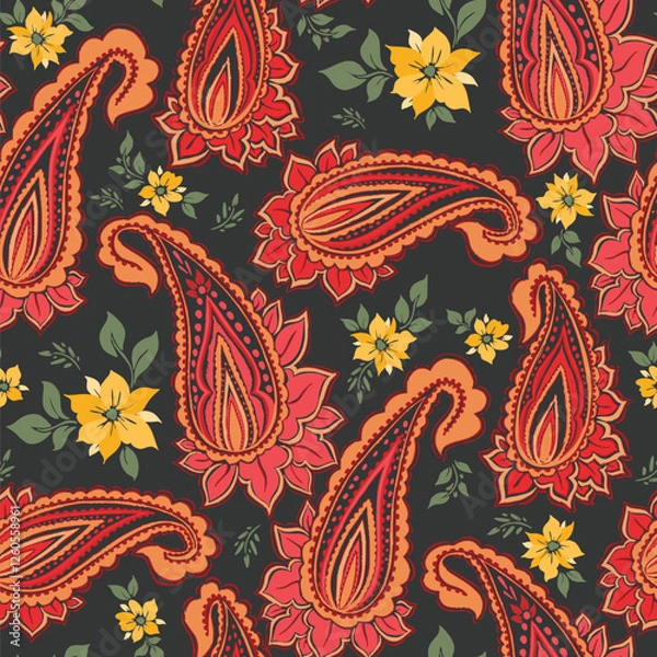 Obraz Red Traditional Fancy Paisley With Yellow Flowers and Green Leaves And Black Background