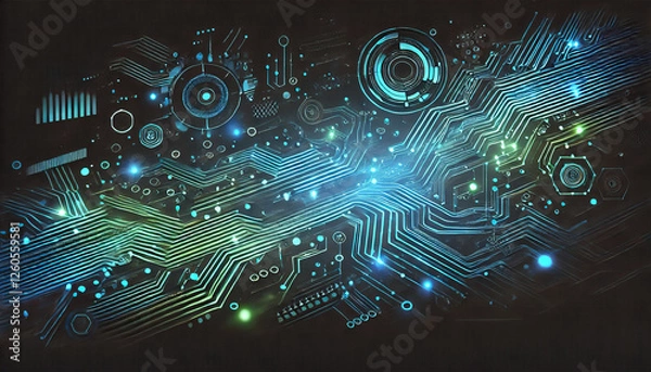 Obraz 未来的な電子回路デジタルアート – 青と緑のテクノロジー背景