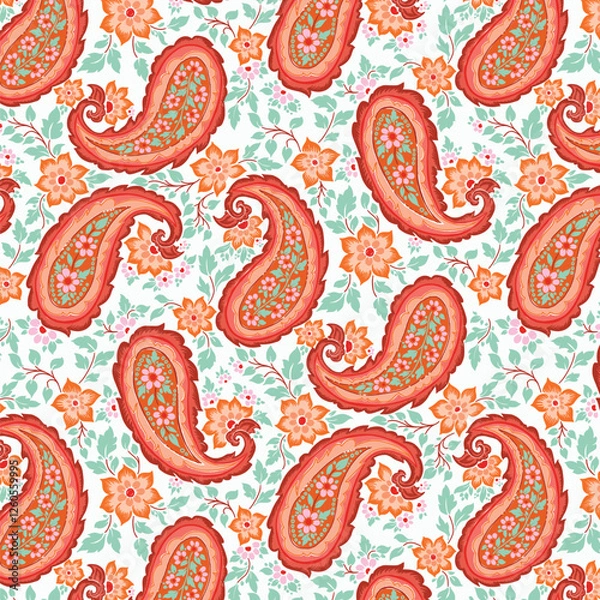 Obraz Red and Blue Folk Floral Paisley Pattern Design
