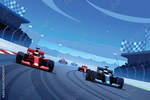 Fototapeta Create a dynamic vector illustration of a Formula 1 race car with tire skid marks and a checkered flag finish line.  Focus on speed and motion.