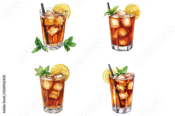 Fototapeta Watercolor illustration of a glass of sweet tea with ice cubes, lemon slice and mint for summer, isolated on white background.
