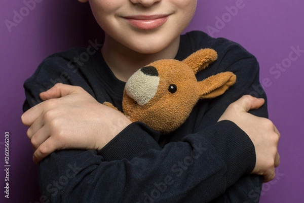 Fototapeta Adorable child with arms crossed, hugging a cute kangaroo plushie on a purple background. Represents themes of love, care, and the warmth of childhood memories.