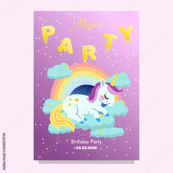 Fototapeta Cute Hand drawn sleeping unicorn scene card template for birthday party with rainbow clouds and night