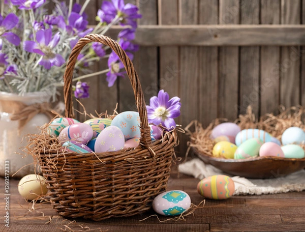 Fototapeta Easter eggs in a basket and bowl with purple daisies