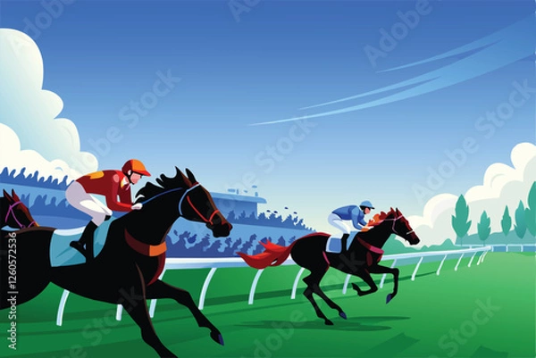 Fototapeta Create a vibrant vector illustration of a thrilling horse race, showcasing multiple horses, jockeys in full racing attire, and dynamic movement.