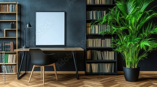 Fototapeta Modern Office Workspace with Black Walls, Natural Wood Desk, and Lush Green Plant Accents