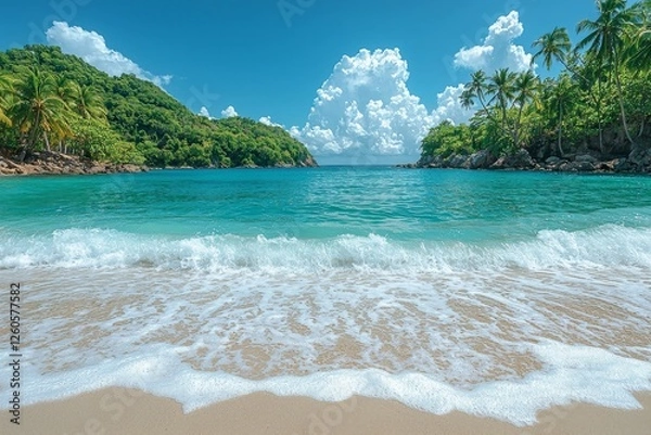 Fototapeta Sunny days on a tropical Caribbean beach, surrounded by palm trees and turquoise water, make for an ideal island vacation during the hot summer months