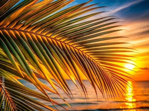 Fototapeta Close-up Palm Tree Silhouette at Sunset, Golden Hour Tropical Background Image