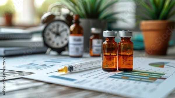 Fototapeta Glp-1 vial and syringe with growth chart and clock symbolizing health and time.