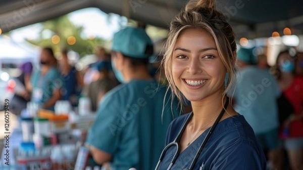 Obraz Nurses preparing vaccinations at a community health fair, smiling as they assist attendees.