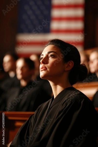 Fototapeta Judge listens intently in courtroom with the American flag, with other judges