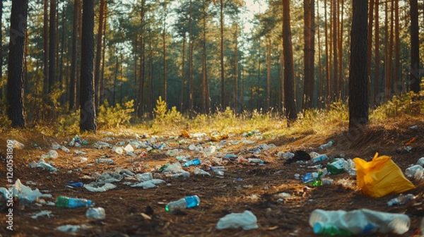 Obraz Forest clearing filled with trash after an event showcasing the impact of littering on natural environments during autumn. Generative AI