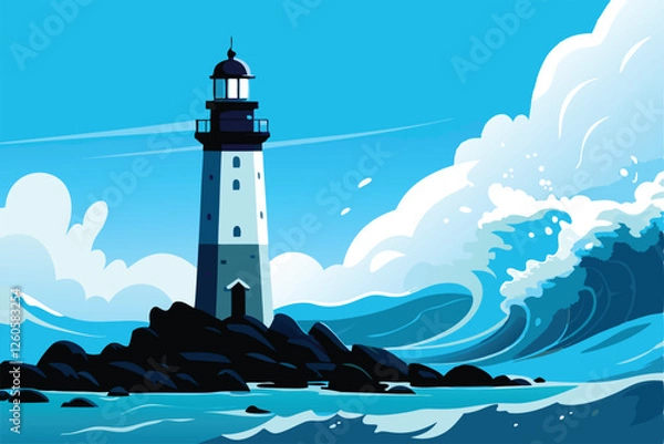 Fototapeta Create a stylized illustration of a lighthouse standing on rugged, wave-battered rocks, emphasizing dynamic wave motion and a painterly texture.