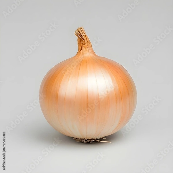 Obraz A fresh, unpeeled onion with a smooth, light-brown skin sits against a neutral background.